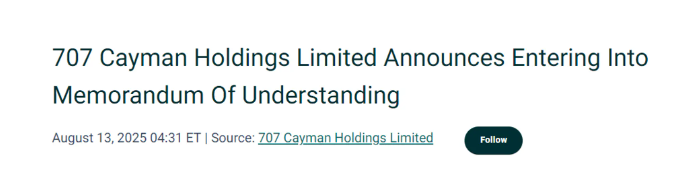 在美国上市的 “707 Cayman holdings” 追求虚拟资产储备